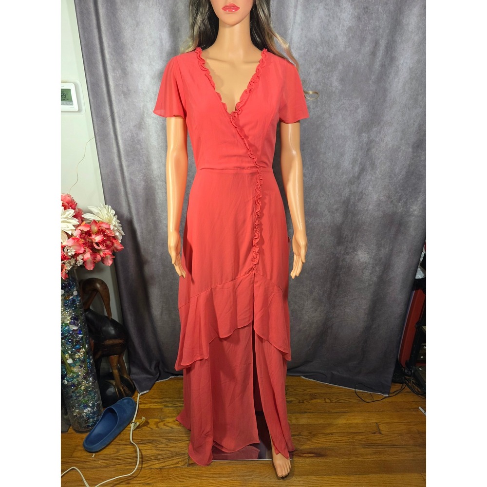 Lulus Coral Pink Ruffle V-Neck‎ Open Back Tiered High-Low Maxi Dress Small